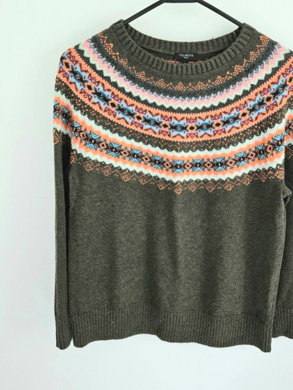 Talbots Olive Crewneck Sweater with Colorful Fair Isle Yoke
